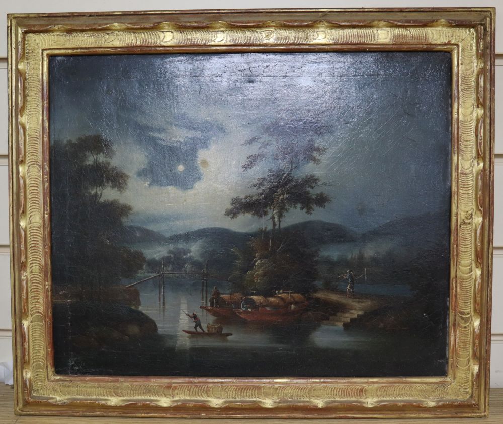 Circle of George Chinnery, oil on canvas, Chinese landscape with figures in boats under moonlight, 32 x 40cm
